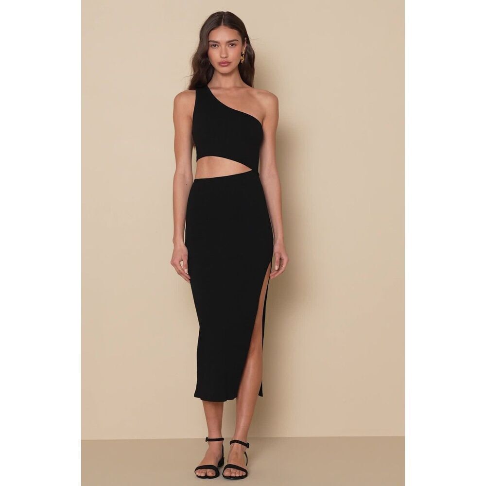 Lulus Black One Shoulder Cutout Midi Dress | Elegant Bodycon Evening Dress
